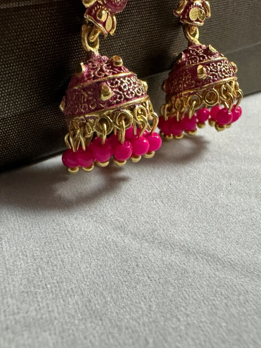 Pink Meenakari Jhumka Earrings with Bead Dangles | Gold Tone Indian Jewelry
